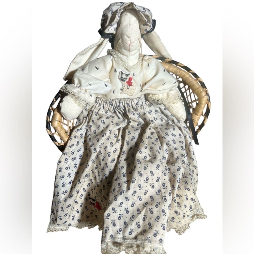 Vintage Handmade Cloth Rabbit in Long Skirt & Bonnet